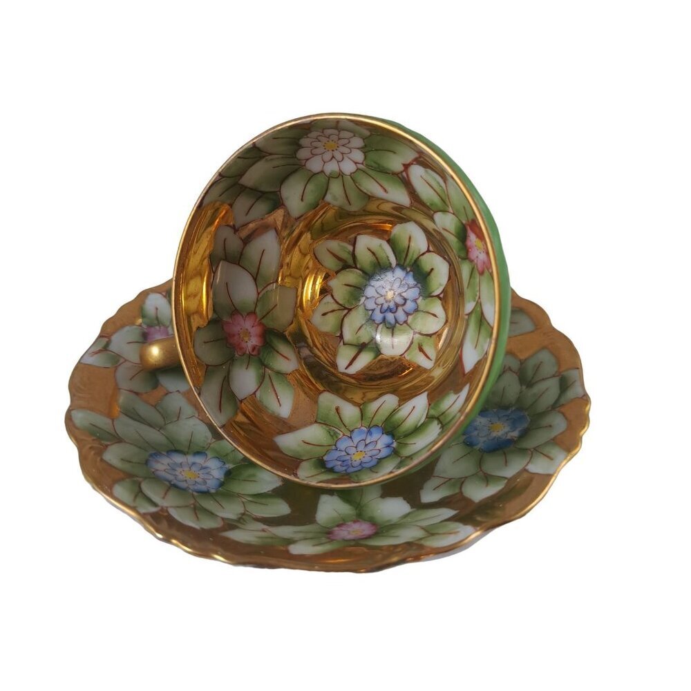 Trimont Gold Floral Tea Cup Saucer Hand Painted Green Collectible Vintage